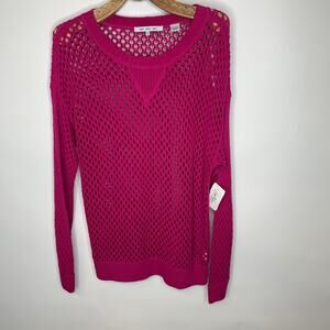 NWT Open Weave Pink Sweater Crochet Long Sleeve Sz Large